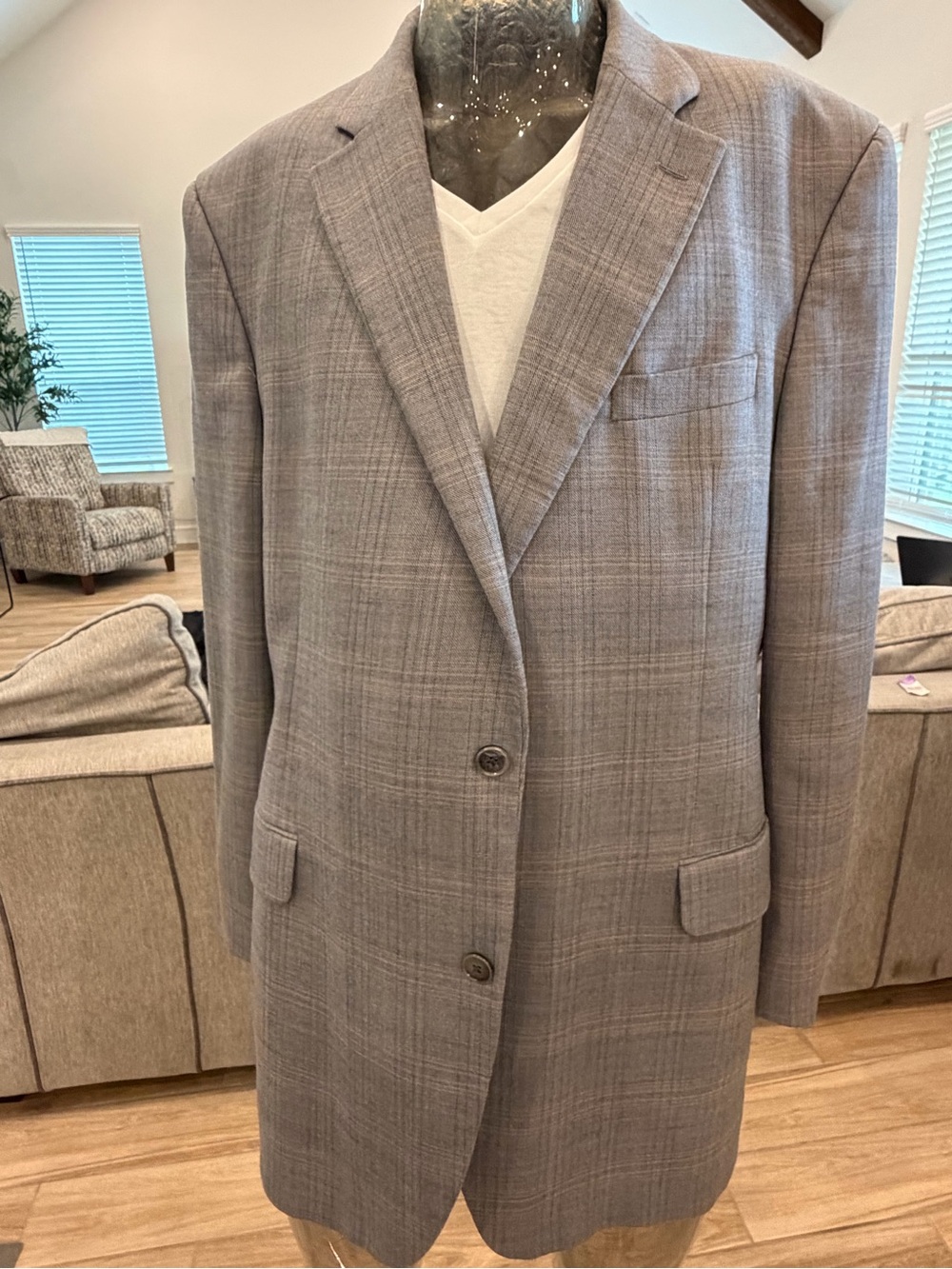 Men's Light Gray Plaid Two-Button Blazer